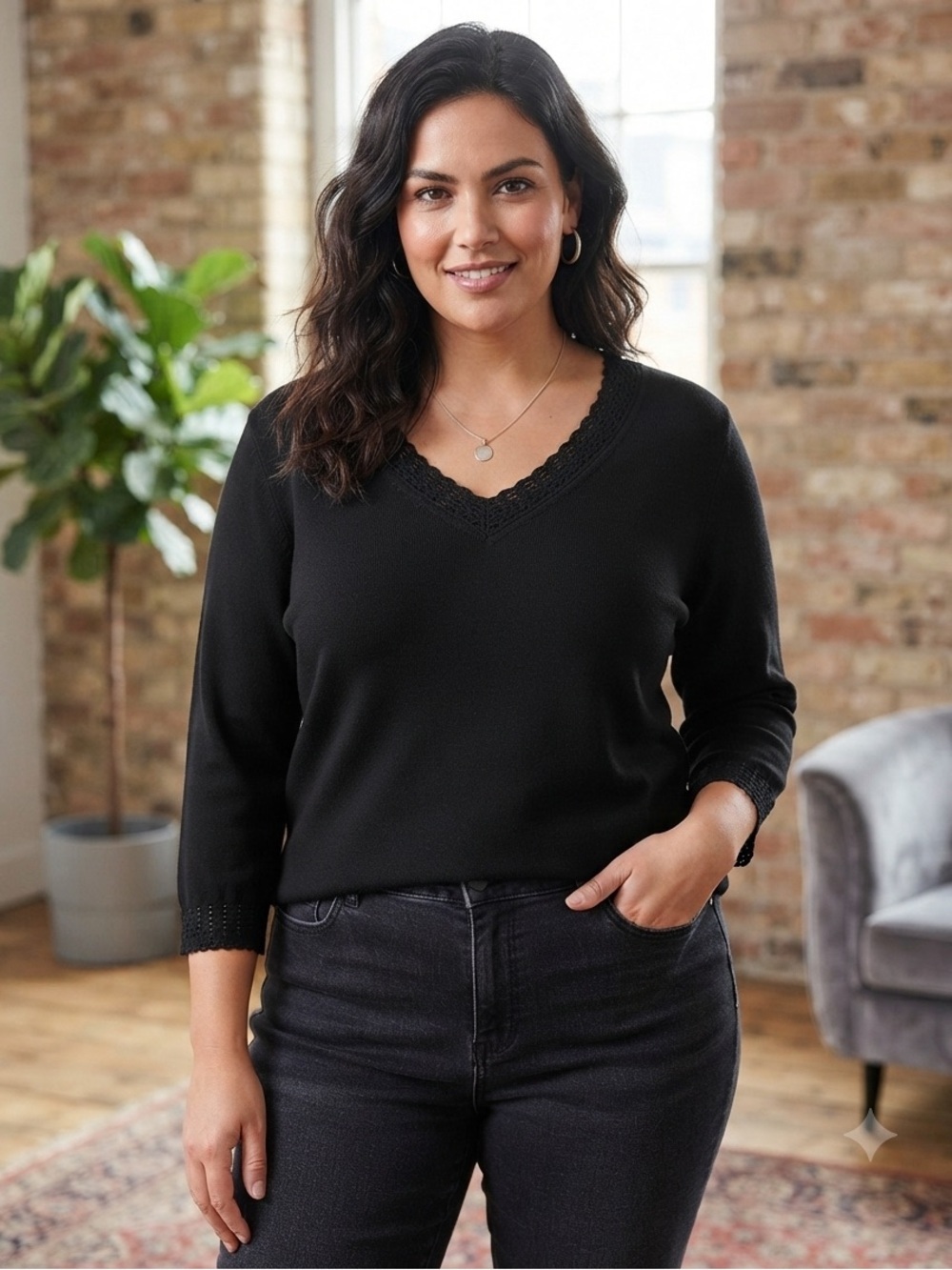 Charter Club 2X Black V-Neck Sweater Crochet Trim Plus Size Pullover